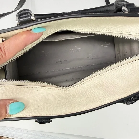 Kate Spade Madison Colorblock Saffiano Medium Satchel Bag Cream/Plat. Gray/Black - Picture 9 of 17